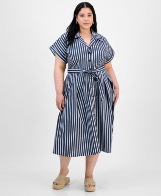 Robbie Bee - Plus Size Striped Tie-Waist Button-Down Cotton Midi Dress