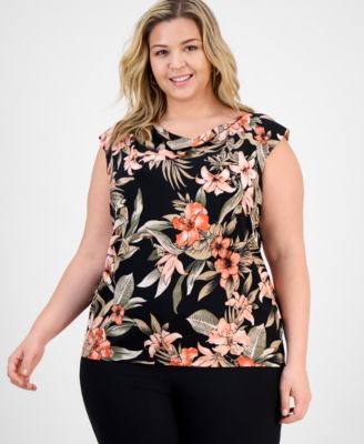 Kasper - Plus Size Printed Cowlneck Cap-Sleeve Knit Top