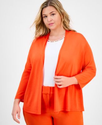 Kasper - Plus Size 3/4-Sleeve Open-Front Cardigan