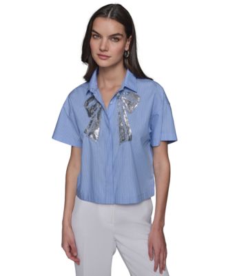 KARL LAGERFELD PARIS - Women's Cotton Sequin-Bow Cropped Top