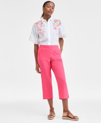 Charter Club - Women's Linen Solid Cropped Pull-On Pants