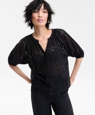 I.N.C. International Concepts - Women's Cotton Eyelet Puff-Sleeve Blouse