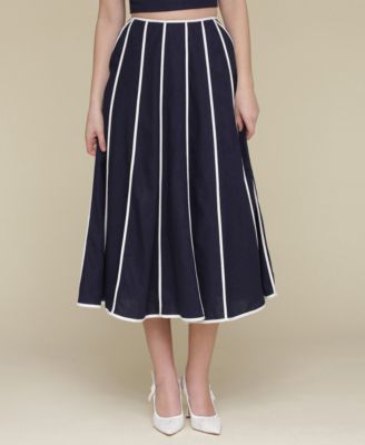 Avec Les Filles - Women's Contrast-Trim Linen-Blend Midi Skirt