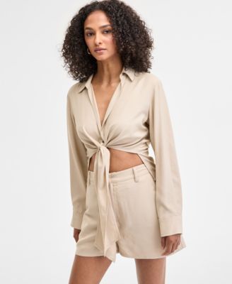 Bar III - Women's Collared Tie-Hem Blouse, Exclusively at Macy's