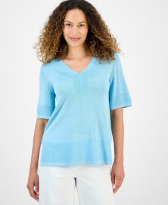 JM Collection - Petite Textured-Knit V-Neck Short-Sleeve Sweater