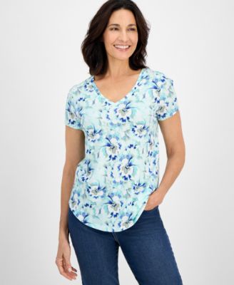 Style & Co - Women's Blurred Floral Printed V-Neck T-Shirt