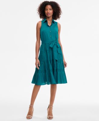 Anne Klein - Petite Cotton Belted Pleated Tiered Shirtdress