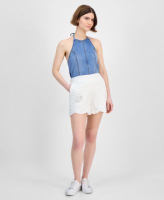 And Now This - Petite Embroidered Scalloped-Hem Shorts