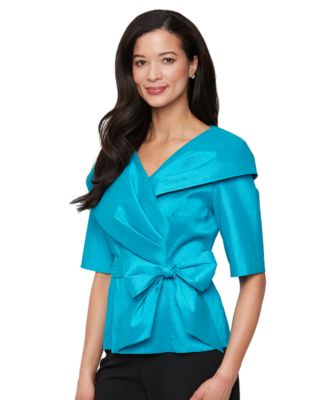 Alex Evenings - Petite Bow-Trim Short-Sleeve Taffeta Blouse