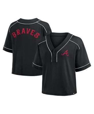 Fanatics - Women's Black Atlanta Braves Oversized Champ Game Midi Cropped V-Neck T-Shirt