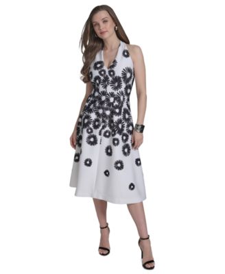 Halston - Women's Halter V-Neck Flared Midi Dress