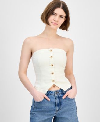 And Now This - Women's Button-Front Smocked-Back Denim Tube Top