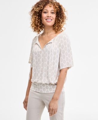 JM Collection - Women's Printed Split-Neck Elbow-Sleeve Top, Exclusively at Macy's