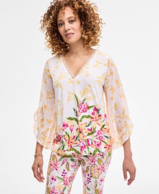JM Collection - Women's Printed Embellished V-Neck Ruffle-Sleeve Top, Exclusively at Macy's