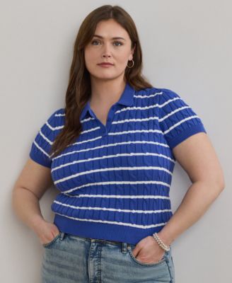 Lauren Ralph Lauren - Plus Size Striped Cable-Knit Cotton Polo Sweater