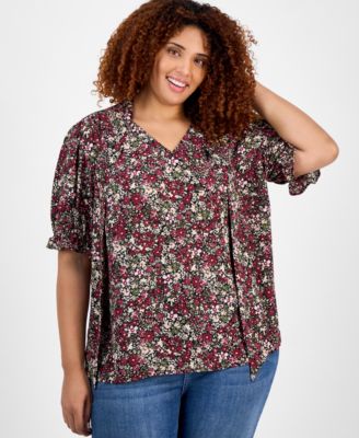 Jones New York - Plus Size Printed Tie-Neck Short-Puff-Sleeve Blouse