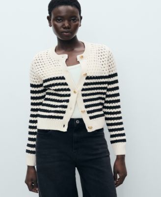 MANGO - Women's Striped Openwork Knitted Cardigan