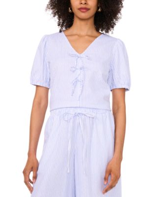 Sam & Jess - Women's Striped Bow-Front V-Neck Puff-Sleeve Top