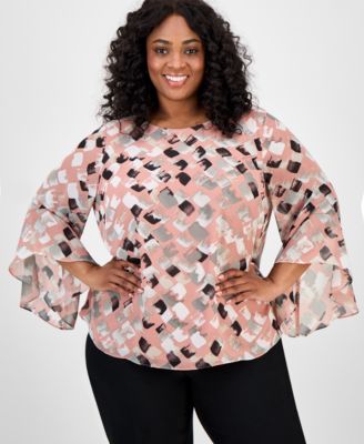 Kasper - Plus Size Printed Bell-Sleeve Blouse