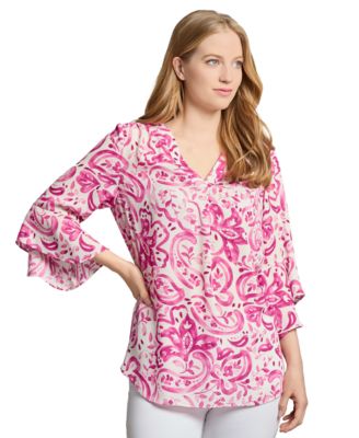 Jones New York - Petite Paisley-Print V-Neck Bell-Sleeve Top