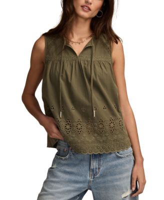 Lucky Brand - Women's Embroidered Cotton Tie-Neck Top