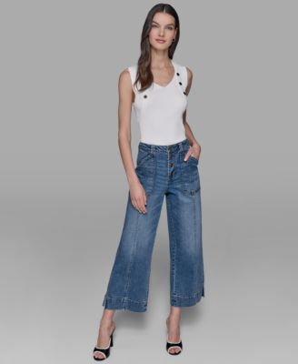 KARL LAGERFELD PARIS - Petite High Rise Cropped Wide-Leg Jeans