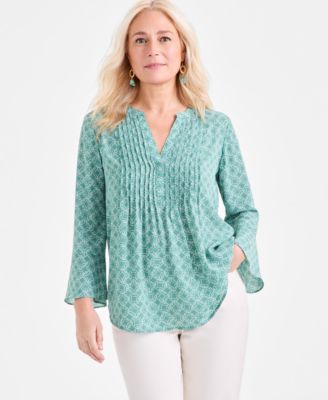 Style & Co - Women's Printed 3/4-Sleeve Pintuck Top