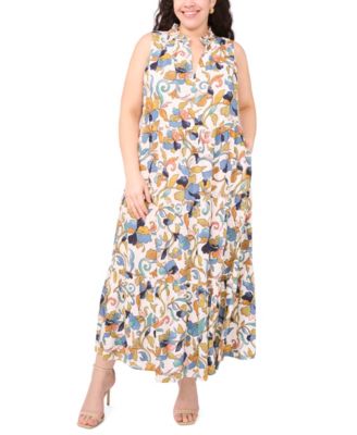 MSK - Plus Size Printed Split-Neck Sleeveless Maxi Dress