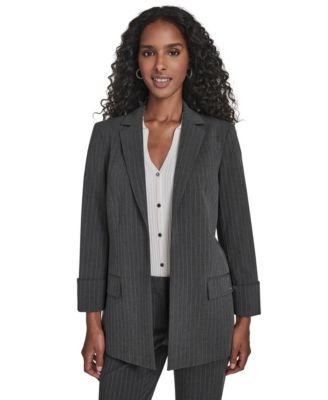 Calvin Klein - Petite Pinstripe Pattern Rollback Cuff Open Front Jacket