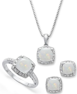 Macy's - Sterling Silver Jewelry Set, Opal (4-3/4 ct. t.w.) and Diamond Accent Necklace, Earrings and Ring Set