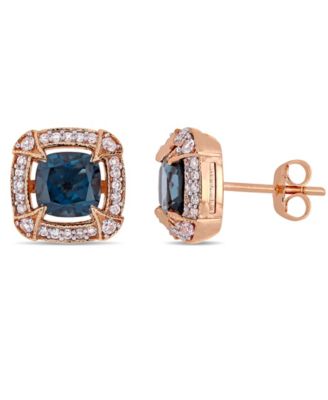 Macy's - Blue Topaz (2-1/5 ct. t.w.), White Sapphire (1/8 ct. t.w.) and Diamond (1/5 ct.t.w.) Halo Stud Earrings in 10k Rose Gold