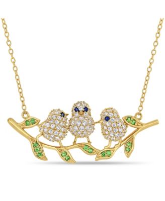 Macy's - Lab Grown Blue and White Sapphire (1 1/4 ct. t.w.) Tsavorite (1/6 ct. t.w.) Leaf Chick Necklace in 18k Gold Over Sterling Silver