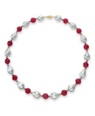 Macy's - White Baroque Freshwater Cultured Pearl (12-13mm) with Agate (10mm) and Gold Beads (4mm) 18" Necklace in 14k Yellow Gold