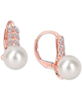 Macy's - Cultured Freshwater Pearl (9mm) & Diamond (1/10 ct. t.w.) Leverback Drop Earrings in 10k Rose Gold