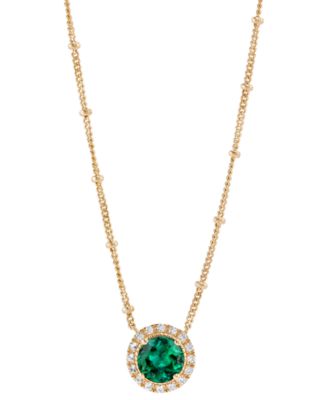 Macy's - Lab-Created Emerald (1-1/5 ct. t.w.) & Lab-Created White Sapphire (1/6 ct. t.w.) Halo Pendant Necklace in 14k Gold-Plated Sterling Silver 16" + 2" extender