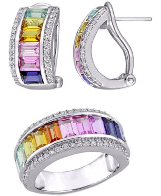 Macy's - 2-Pc. Set Lab-Grown Multi-Sapphire Baguette Ring & Matching Hoop Earrings (8-1/10 ct. t.w.) in Sterling Silver