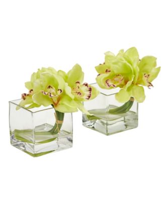 Nearly Natural - Cymbidium Orchid Artificial Arrangement in Glass Vase (Set of 2)