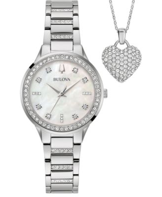 Bulova - Women's Classic Crystal Stainless Steel Bracelet Watch Box Set 30mm