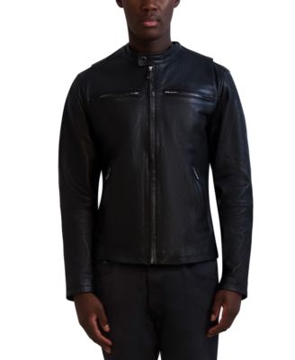 Karl Lagerfeld - Men's Band-Collar Distressed Leather Jacket