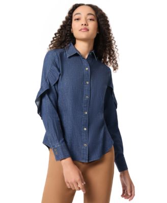 Jones New York - Women's Ruffled-Sleeve Button-Down Collared Shirt