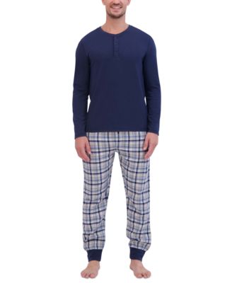 Hanes - Men's Ultimate 2-Pc. Solid Long-Sleeve Henley & Ultra-Soft Plaid Joggers Pajama Set