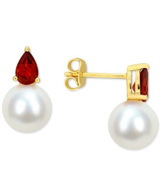 Macy's - Cultured Freshwater Pearl (8-1/2mm) & Garnet (1 ct. t.w.) Birthstone Stud Earrings in 18k Gold-Plated Sterling Silver (Also in Additional Birthstones)