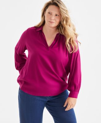 Style & Co - Plus Size Johnny-Collar Long-Sleeve Top