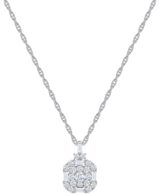 Macy's - Diamond Round & Baguette Cluster 18" Pendant Necklace (3/4 ct. t.w.) in 14k White Gold