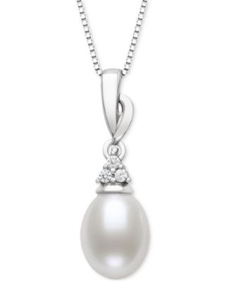 Belle de Mer - Cultured Freshwater Pearl (7-8mm) & Lab-Created Sapphire (3/8 ct. t.w.) 18" Pendant Necklace in Sterling Silver