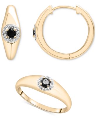 Macy's - 2-Pc. Set Onyx & Diamond Accent Ring & Matching Small Hoop Earrings in 14k Gold-Plated Sterling Silver