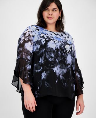 Kasper - Plus Size Cascading Floral Ruffle-Sleeve Blouse