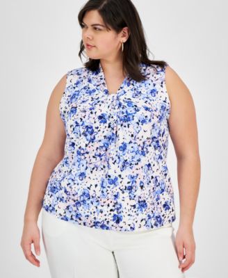 Kasper - Plus Size Printed Sleeveless Knot-Front Blouse