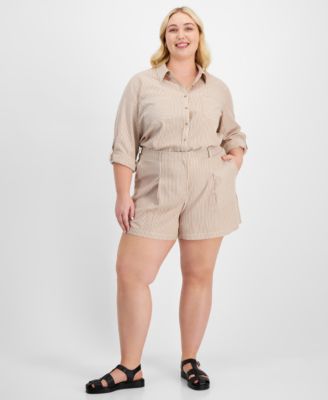 And Now This - Trendy Plus Size Striped Front-Pleat Shorts