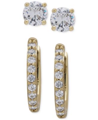Macy's - 2-Pc. Set Lab Grown White Sapphire Stud & Small Hoop Earrings (2-1/5 ct. t.w.) in 14k Gold-Plated Sterling Silver